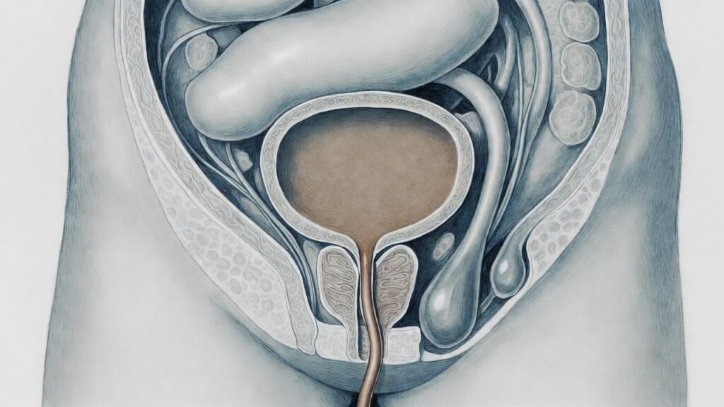 Sistema reprodutor masculino mostrando áreas relacionadas à dor após a ejaculação
